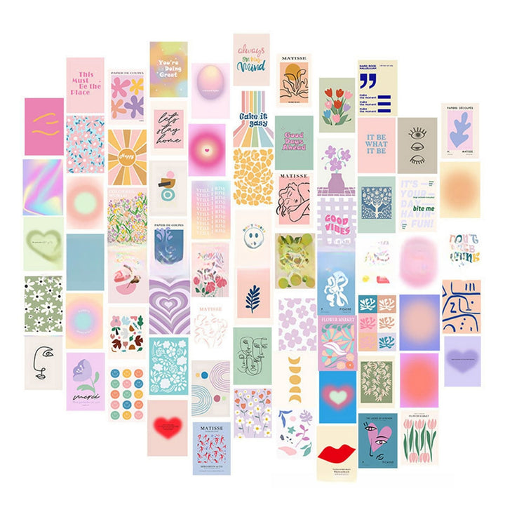 VibeCore Artsy Good Vibes Wall Collage Kit featuring 70 uplifting pastel prints and vibrant Danish-inspired designs. Perfect for creating a feel-good atmosphere, artsy decor, pastel wall art, dorm room styling, positive vibes, and a cheerful bedroom display.