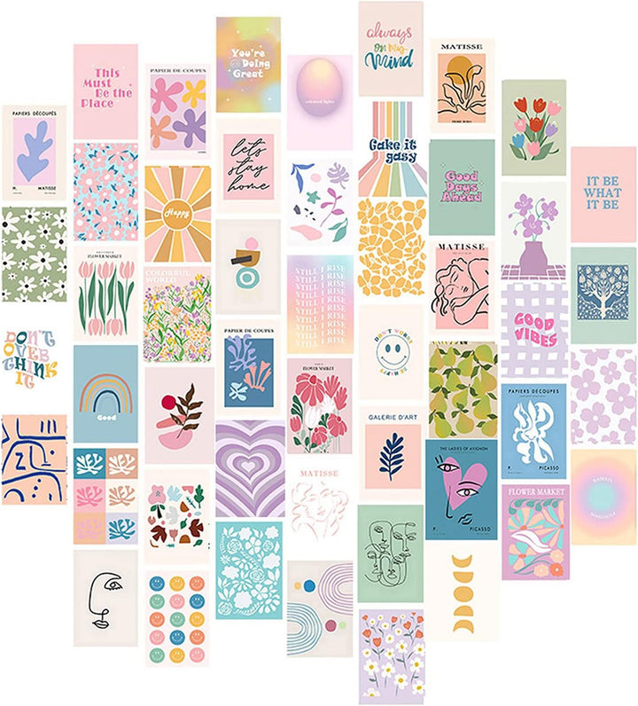 VibeCore Artsy Good Vibes Wall Collage Kit featuring half the posters, showcasing 35 uplifting pastel prints and vibrant Danish-inspired designs. Perfect for creating a cheerful, artsy vibe with feel-good pastel wall art that brightens up any space with a dynamic touch.
