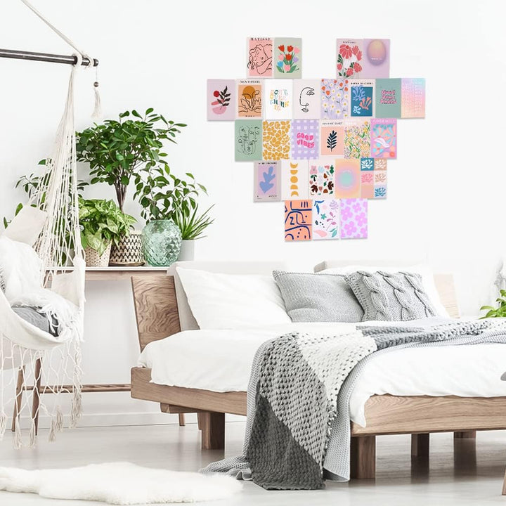 VibeCore Artsy Good Vibes Wall Collage Kit on bedroom wall featuring 70 uplifting pastel prints and vibrant Danish-inspired designs. Perfect for adding a feel-good atmosphere, artsy decor, cheerful pastel wall art, and positive vibes to your bedroom space.