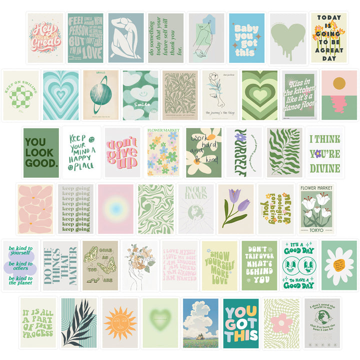 VibeCore Artsy Green Stickers featuring a collection of pastel green aesthetic designs with boho and nature-inspired elements. Perfect for personalizing your accessories.