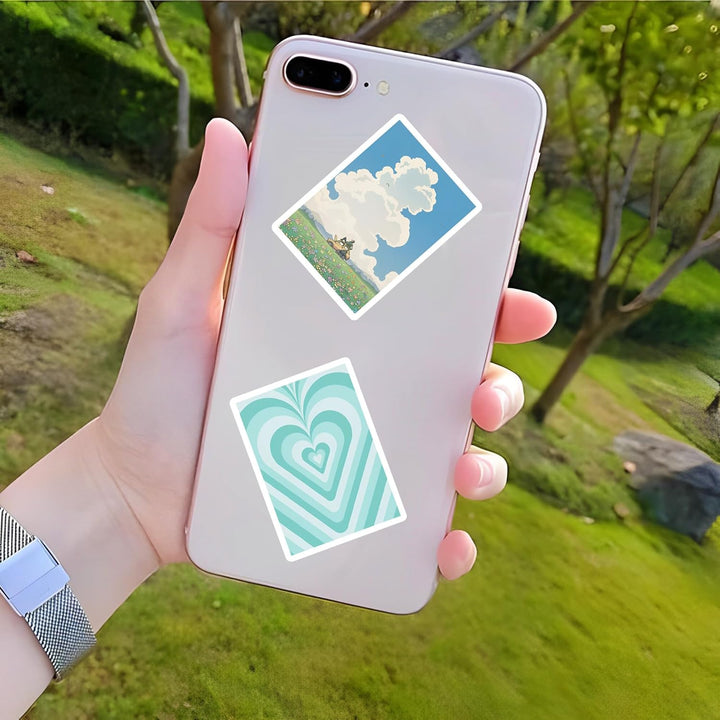 VibeCore Artsy Green Stickers on a phone case featuring boho and nature-inspired designs in pastel green tones. Adds a refreshing, artistic touch to your accessories.