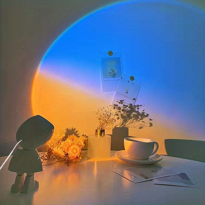 VibeCore Astronaut Sunset Light in Dusk color, featuring a futuristic design, 360° adjustability, and warm sunset hues. This USB-powered lamp offers stepless dimming, perfect for aesthetic, cutecore, coquette, teen rooms, dorm rooms, celestial decor, mood lighting, and cozy spaces.
