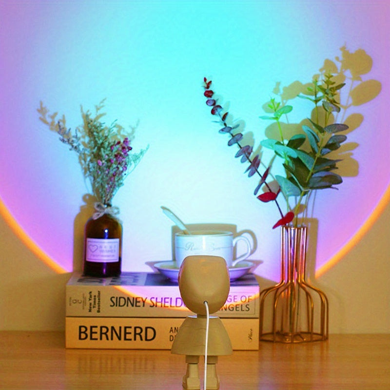 VibeCore Astronaut Sunset Light in Twilight color, featuring a futuristic design, 360° adjustability, and warm sunset hues. This USB-powered lamp offers stepless dimming, perfect for aesthetic, cutecore, coquette, teen rooms, dorm rooms, celestial decor, mood lighting, and cozy spaces.