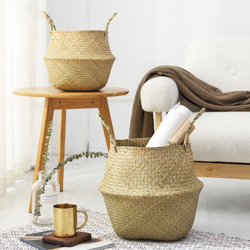 VibeCore BONO Handmade Wicker Baskets in a living room setting, showcasing their handwoven organic wicker design. Perfect for storage or decor, these versatile baskets add a natural, boho-inspired touch to any space.