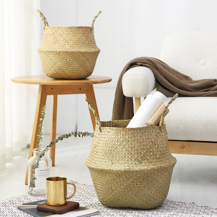 VibeCore BONO Handmade Wicker Baskets in a living room setting, showcasing their handwoven organic wicker design. Perfect for storage or decor, these versatile baskets add a natural, boho-inspired touch to any space.