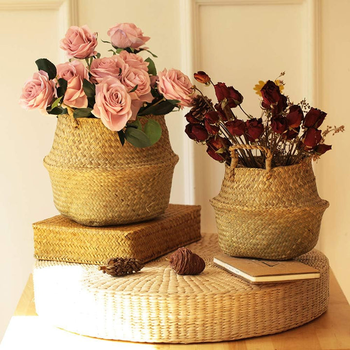 VibeCore BONO Handmade Wicker Baskets with flowers, highlighting their handwoven organic wicker design. Perfect as decorative planters or storage solutions, adding a natural, boho-inspired touch to any space.