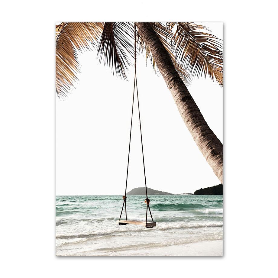 VibeCore Bali Canvas Prints Option A - Swing hanging from palm tree on beach.