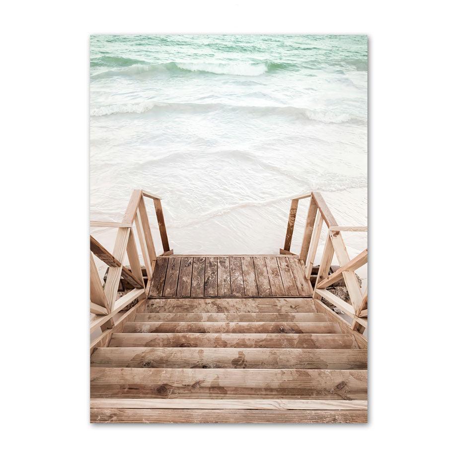 VibeCore Bali Canvas Prints Option B - Wooden stairs leading into ocean water on beach