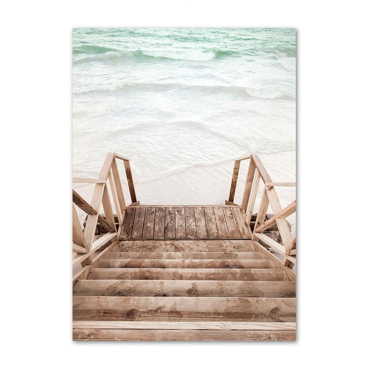 VibeCore Bali Canvas Prints Option B - Wooden stairs leading into ocean water on beach