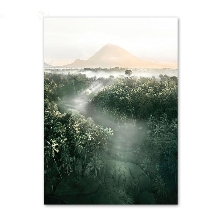 VibeCore Bamboo Forest Canvas Prints Option D: Tropical forest aerial view with mist and sunlight and mountain in the back