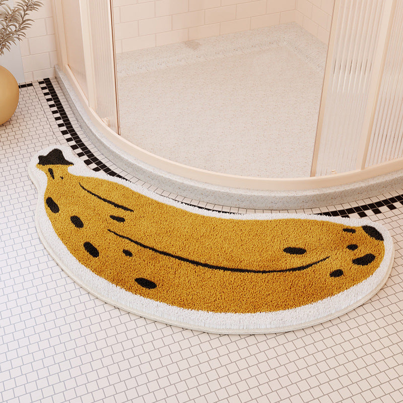 VibeCore Banana Accent Rug in front of a shower, featuring a fun banana design with a plush, non-slip texture, adding a quirky touch to the bathroom space.