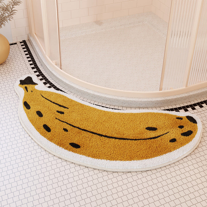 VibeCore Banana Accent Rug in front of a shower, featuring a fun banana design with a plush, non-slip texture, adding a quirky touch to the bathroom space.