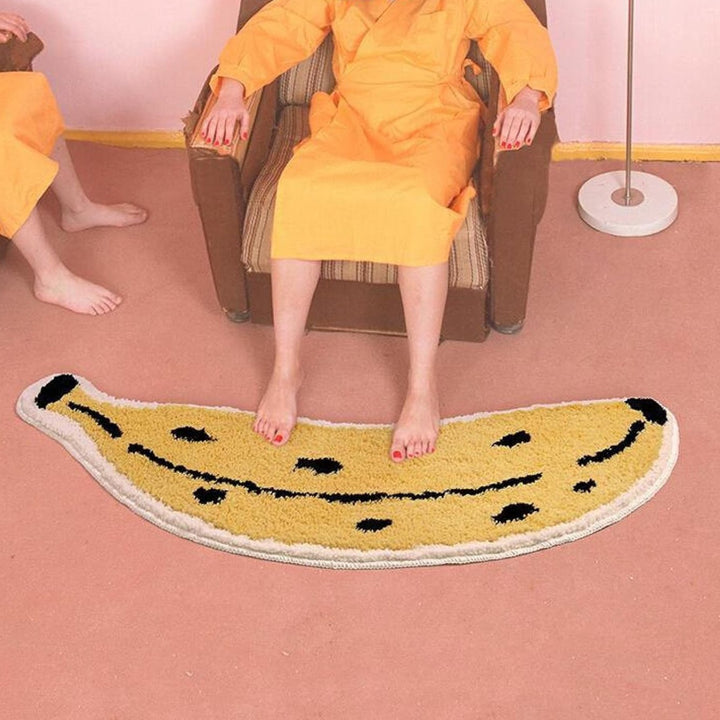VibeCore Banana Accent Rug in a living room, featuring a bold, playful banana design on a soft, fluffy texture, adding a quirky, lighthearted touch to the space.