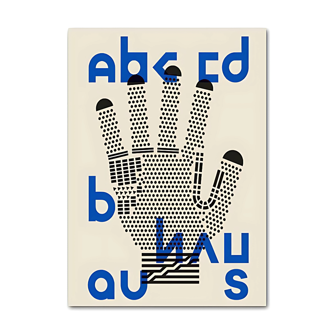 VibeCore Bauhaus Abstract Canvas Poster titled 'Alphabet,' showcasing minimalist, geometric interpretations of letters inspired by the Bauhaus movement. This modern, sleek wall art adds a touch of creative sophistication to any bedroom, dorm, or apartment. Printed on premium cotton canvas with a semigloss finish for lasting vibrancy.