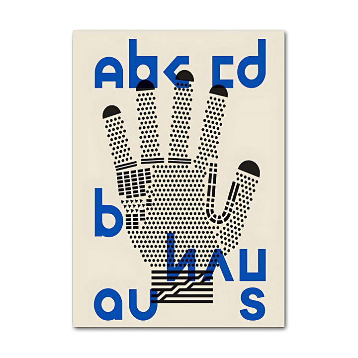 VibeCore Bauhaus Abstract Canvas Poster titled 'Alphabet,' showcasing minimalist, geometric interpretations of letters inspired by the Bauhaus movement. This modern, sleek wall art adds a touch of creative sophistication to any bedroom, dorm, or apartment. Printed on premium cotton canvas with a semigloss finish for lasting vibrancy.