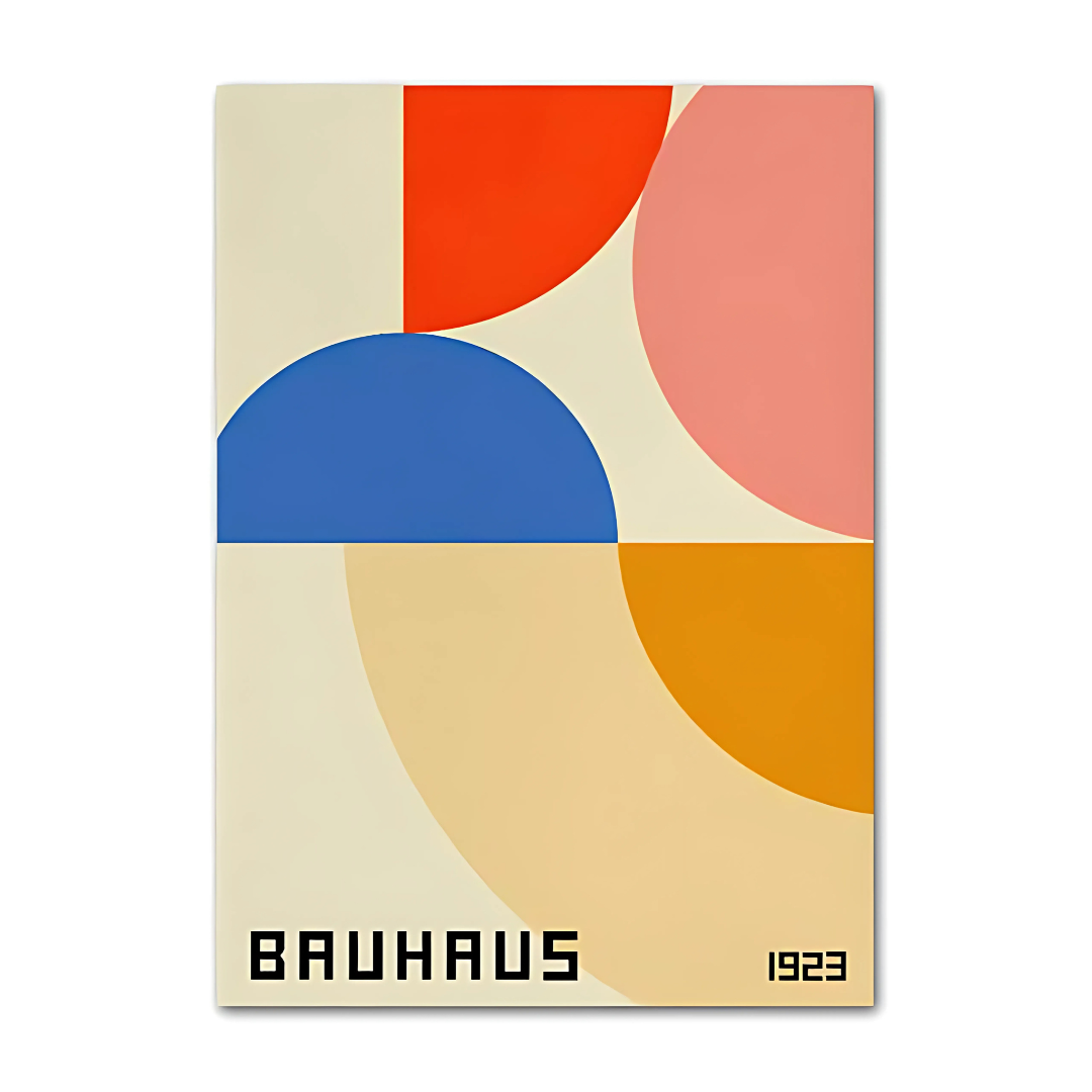 VibeCore Bauhaus Abstract Canvas Poster titled 'Bauhaus 1923,' featuring minimalist geometric designs inspired by the iconic Bauhaus movement. This modern wall art captures the clean lines and vibrant simplicity of Bauhaus, perfect for adding a touch of architectural sophistication to your bedroom, dorm, or apartment. Printed on premium cotton canvas with a semigloss finish for lasting vibrancy.