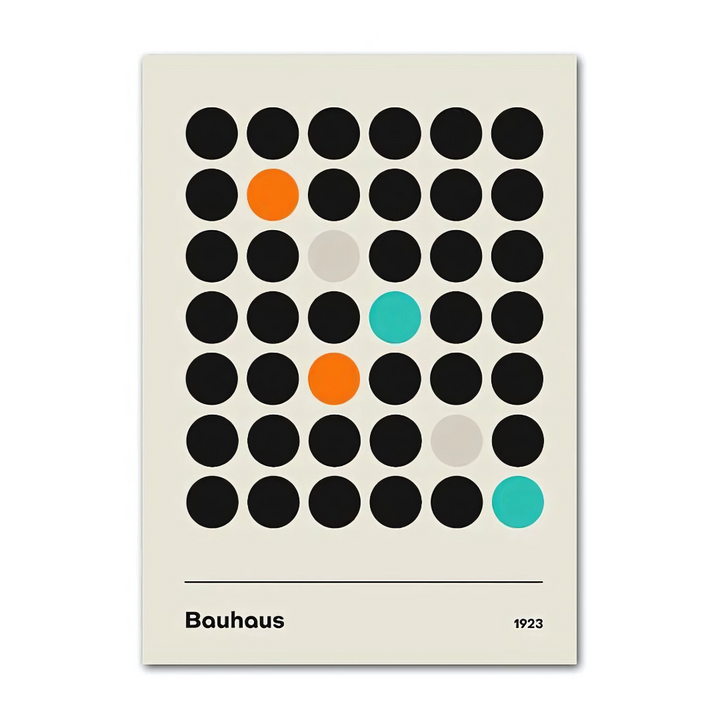 VibeCore Bauhaus Abstract Canvas Poster titled 'Bauhaus Dots 1923,' featuring minimalist geometric dots inspired by the Bauhaus movement. This modern wall art showcases bold, clean lines and vibrant simplicity, adding a touch of architectural sophistication to your bedroom, dorm, or apartment. Printed on premium cotton canvas with a semigloss finish for lasting vibrancy.
