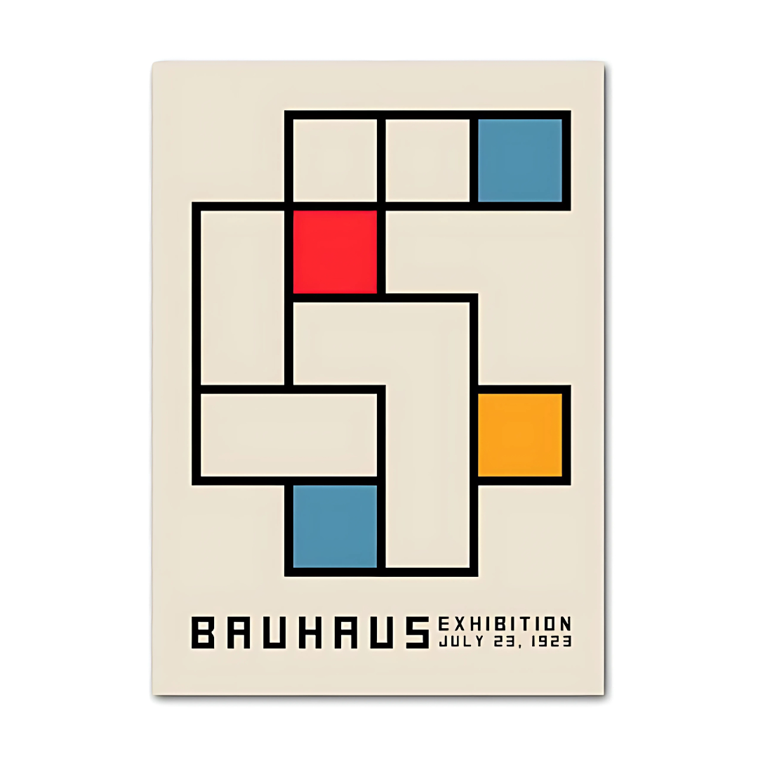 VibeCore Bauhaus Abstract Canvas Poster titled 'Bauhaus Exhibition July 23, 1923,' featuring minimalist geometric designs inspired by the Bauhaus movement. This modern wall art captures the essence of Bauhaus with bold shapes and clean lines, perfect for adding architectural sophistication to your bedroom, dorm, or apartment. Printed on premium cotton canvas with a semigloss finish for lasting vibrancy.