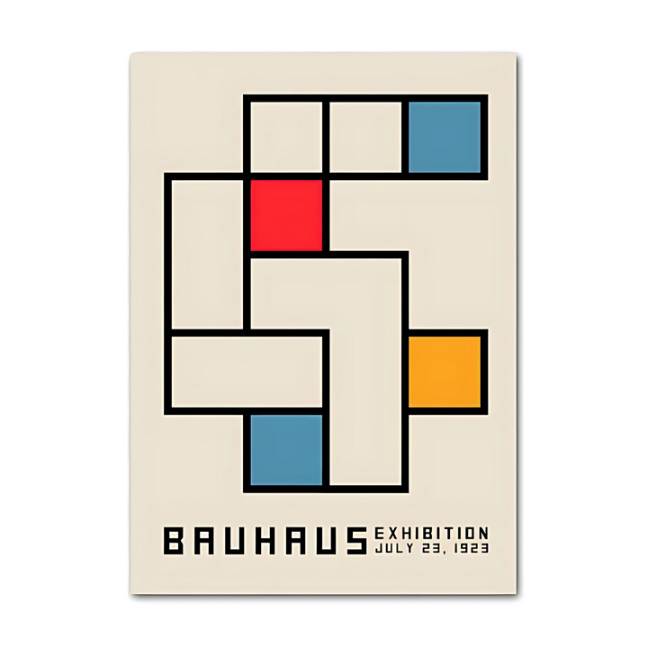 VibeCore Bauhaus Abstract Canvas Poster titled 'Bauhaus Exhibition July 23, 1923,' featuring minimalist geometric designs inspired by the Bauhaus movement. This modern wall art captures the essence of Bauhaus with bold shapes and clean lines, perfect for adding architectural sophistication to your bedroom, dorm, or apartment. Printed on premium cotton canvas with a semigloss finish for lasting vibrancy.
