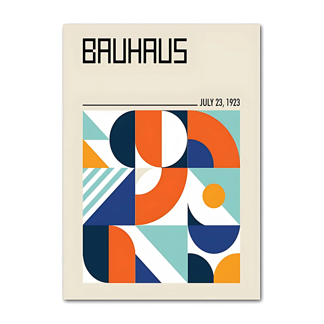 VibeCore Bauhaus Abstract Canvas Poster titled 'Bauhaus July 23, 1923,' featuring minimalist geometric designs inspired by the Bauhaus movement. This modern, sleek wall art highlights crisp lines and vibrant colors, adding a touch of architectural sophistication to your bedroom, dorm, or apartment. Printed on high-quality cotton canvas with a semigloss finish for lasting vibrancy.