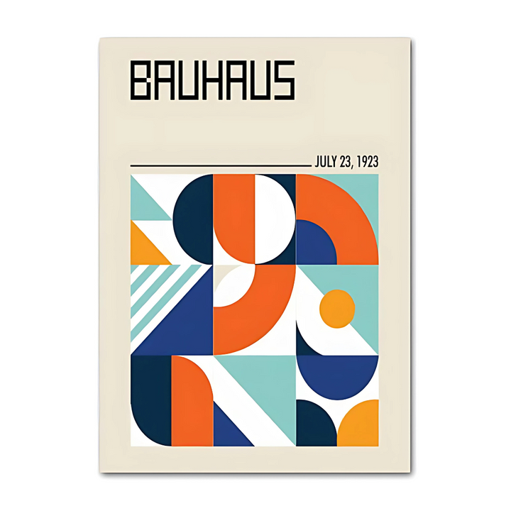 VibeCore Bauhaus Abstract Canvas Poster titled 'Bauhaus July 23, 1923,' featuring minimalist geometric designs inspired by the Bauhaus movement. This modern, sleek wall art highlights crisp lines and vibrant colors, adding a touch of architectural sophistication to your bedroom, dorm, or apartment. Printed on high-quality cotton canvas with a semigloss finish for lasting vibrancy.