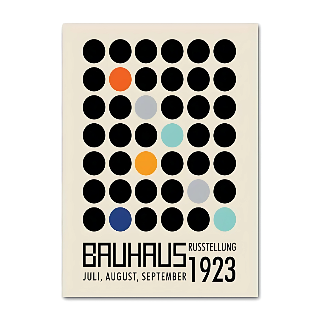VibeCore Bauhaus Abstract Canvas Poster titled 'Bauhaus July August September 1923,' featuring minimalist geometric designs inspired by the Bauhaus movement. This modern piece captures the movement's iconic style with clean lines and bold shapes, perfect for adding architectural sophistication to your bedroom, dorm, or apartment. Printed on premium cotton canvas with a semigloss finish for lasting vibrancy.