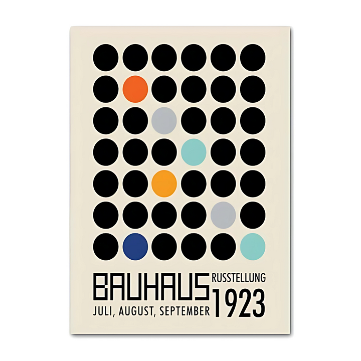 VibeCore Bauhaus Abstract Canvas Poster titled 'Bauhaus July August September 1923,' featuring minimalist geometric designs inspired by the Bauhaus movement. This modern piece captures the movement's iconic style with clean lines and bold shapes, perfect for adding architectural sophistication to your bedroom, dorm, or apartment. Printed on premium cotton canvas with a semigloss finish for lasting vibrancy.