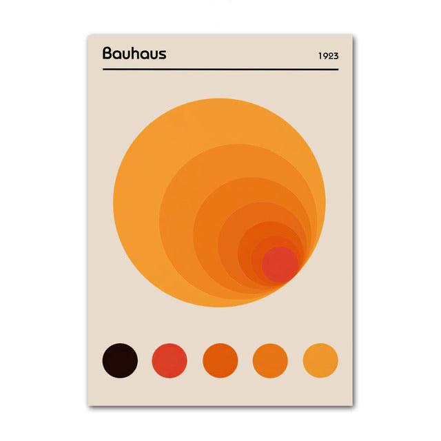VibeCore Bauhaus Abstract Canvas Poster titled 'Bauhaus Orange Circle 1923,' featuring bold, minimalist geometric shapes inspired by the Bauhaus movement. The vibrant orange circle design adds a modern touch to any space, perfect for bringing a creative and architectural vibe to your bedroom, dorm, or apartment. Printed on premium cotton canvas with a semigloss finish for lasting vibrancy.