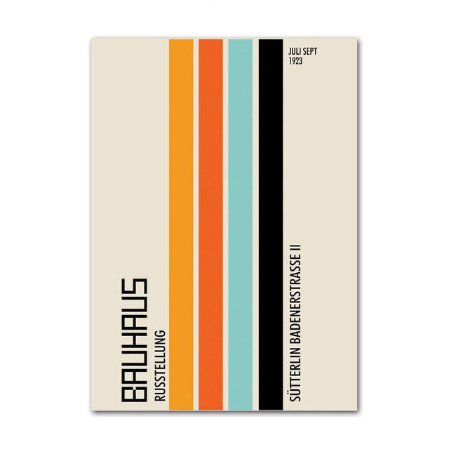 VibeCore Bauhaus Abstract Canvas Poster titled 'Bauhaus Russtellung,' featuring minimalist geometric designs inspired by the Bauhaus movement. This modern wall art highlights the movement's clean lines and innovative forms, perfect for adding a touch of architectural sophistication to your bedroom, dorm, or apartment. Printed on premium cotton canvas with a semigloss finish for lasting vibrancy.