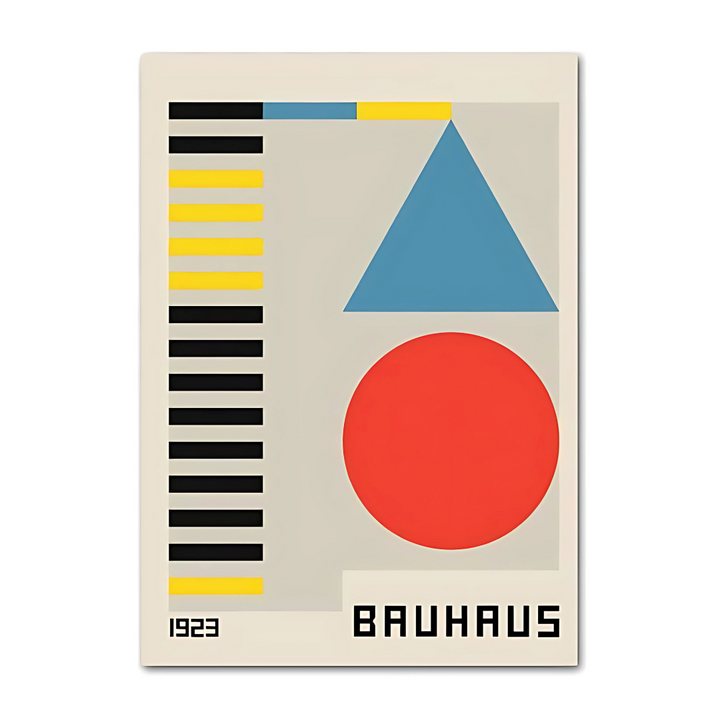 VibeCore Bauhaus Abstract Canvas Poster titled 'Bauhaus Shapes 1923,' featuring minimalist geometric forms inspired by the Bauhaus movement. This modern wall art captures the clean lines and bold simplicity that defined Bauhaus, adding architectural sophistication to your bedroom, dorm, or apartment. Printed on premium cotton canvas with a semigloss finish for lasting vibrancy.