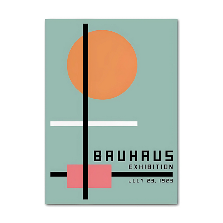 VibeCore Bauhaus Abstract Canvas Poster titled 'Bauhaus Turquoise Exhibition,' featuring minimalist geometric shapes with a striking turquoise color inspired by the Bauhaus movement. This modern wall art brings bold, clean lines and a contemporary aesthetic to your space, perfect for adding architectural sophistication to your bedroom, dorm, or apartment. Printed on premium cotton canvas with a semigloss finish for lasting vibrancy.