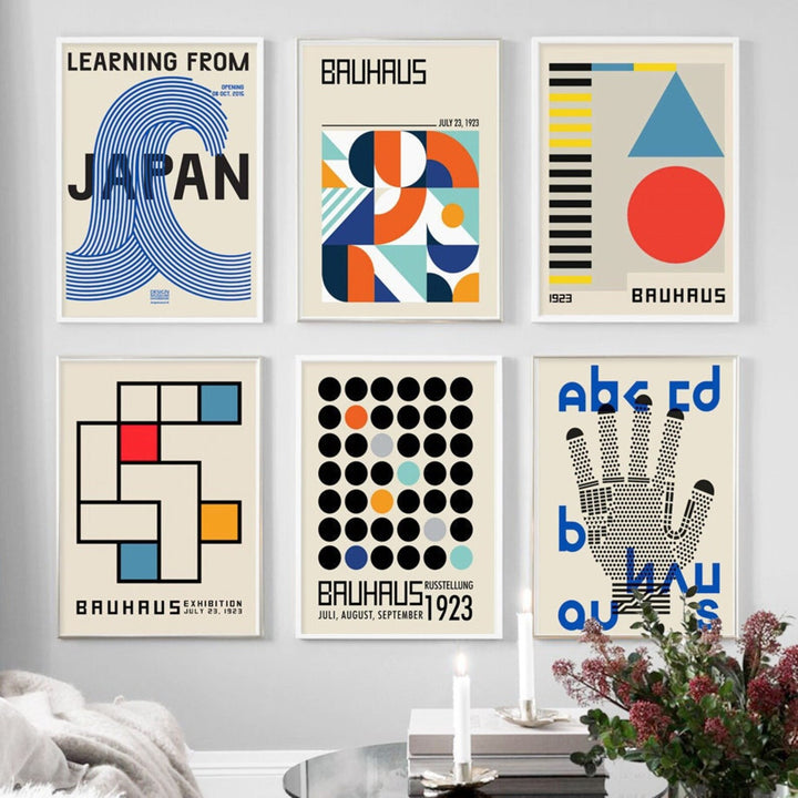 VibeCore Bauhaus Abstract Canvas Posters on wall, featuring minimalist geometric designs inspired by Bauhaus and Nordic aesthetics. Modern, sleek wall art with crisp, vibrant colors and a semigloss finish. Ideal for bedrooms, dorms, and contemporary decor, perfect for adding sophistication to your space.