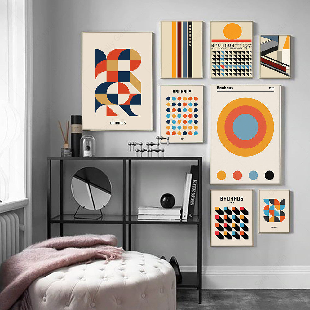 VibeCore Bauhaus geometric canvas prints, modern minimalist wall art featuring bold shapes and lines for contemporary room decor and aesthetic home styling.