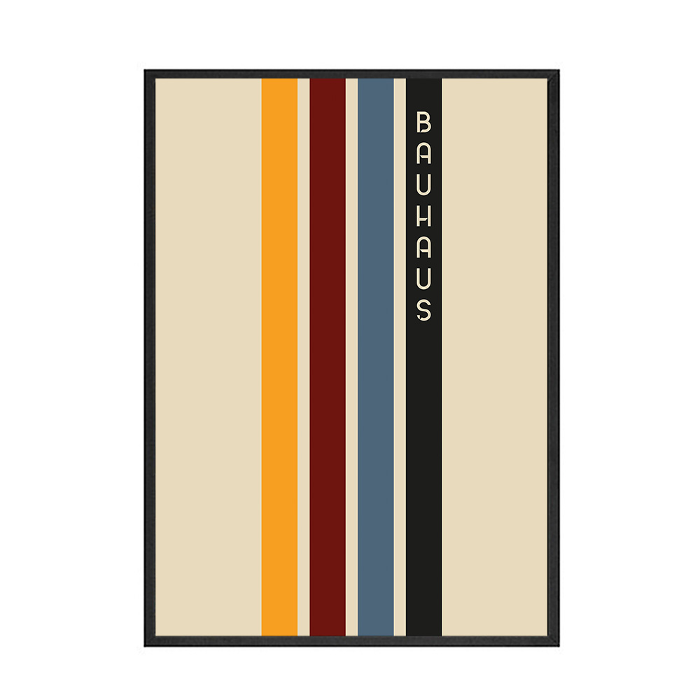 VibeCore Bauhaus Geometric Canvas Prints Option A Beige Background Wit Orange Red Blue and Black Line With Bauhaus Written On It