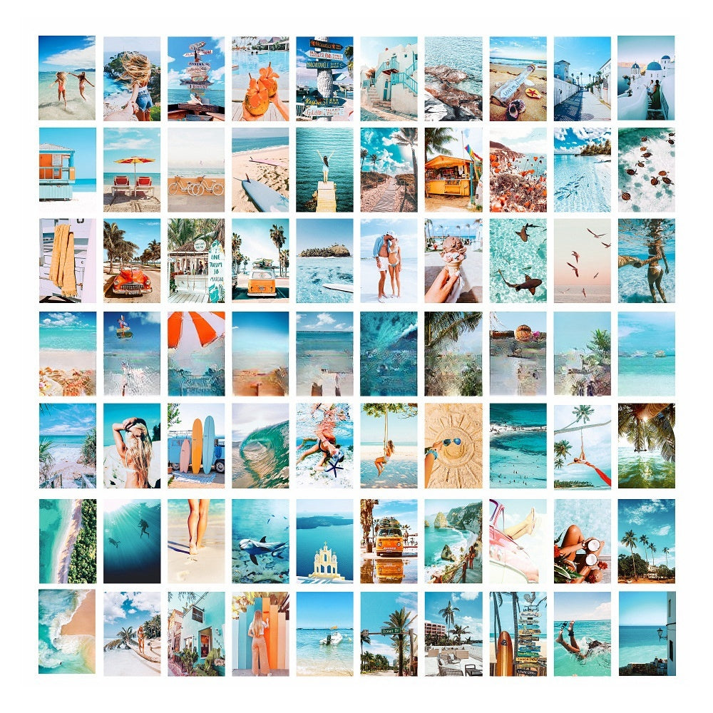 Beach Bum Wall Collage Kit by VibeCore, featuring 70 vibrant beachy prints and ocean-inspired photography. Perfect for creating a coastal-themed photo collage poster or wall art display in your dorm room or bedroom. Printed on high-quality matte paper for a sleek, glare-free finish.