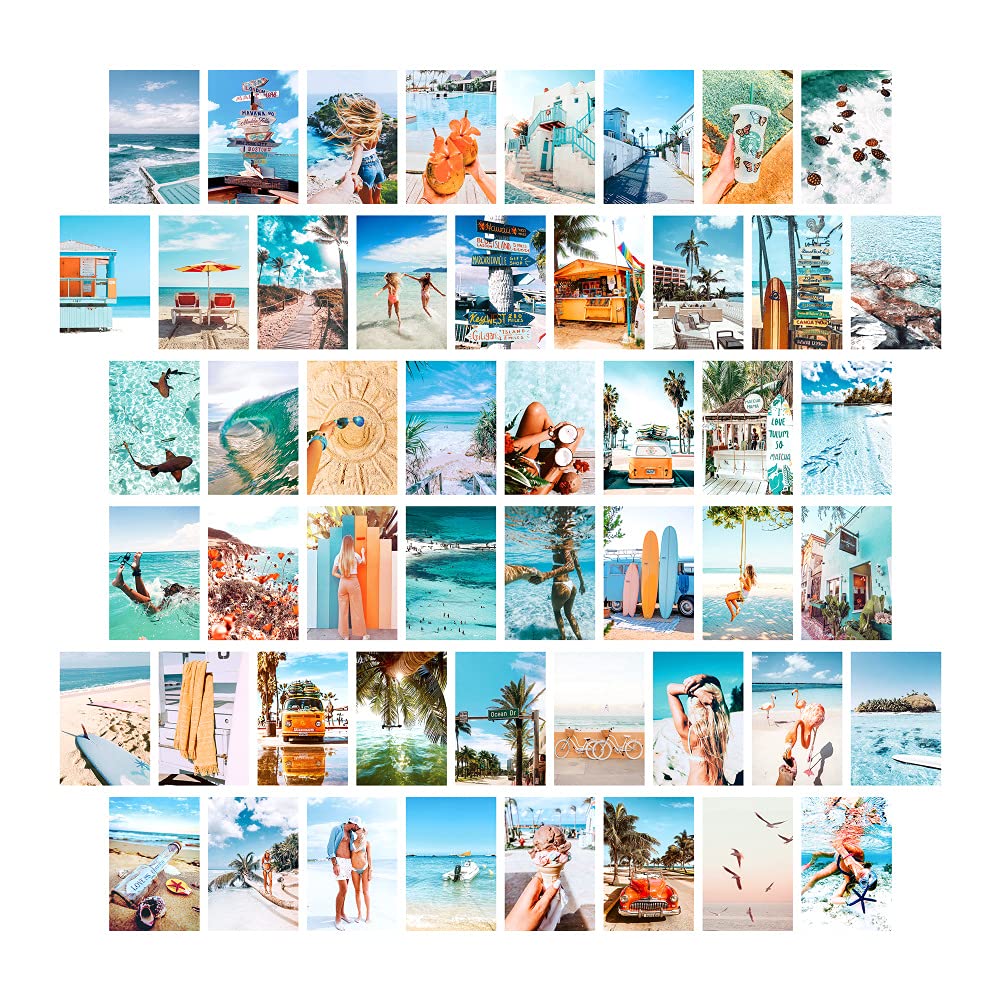 VibeCore Beach Bum Wall Collage Kit showcasing half of the 70 vibrant beach prints, featuring ocean-inspired photography and relaxed coastal vibes. Perfect for creating a serene, summery aesthetic in your room, dorm, or bedroom with high-quality matte paper. Customize your beachy wall display with these beachy prints.