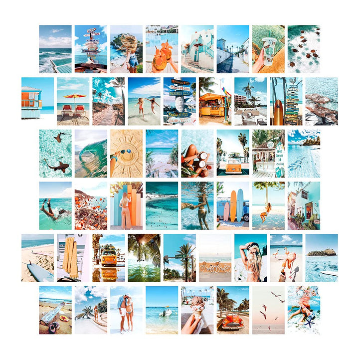 VibeCore Beach Bum Wall Collage Kit showcasing half of the 70 vibrant beach prints, featuring ocean-inspired photography and relaxed coastal vibes. Perfect for creating a serene, summery aesthetic in your room, dorm, or bedroom with high-quality matte paper. Customize your beachy wall display with these beachy prints.