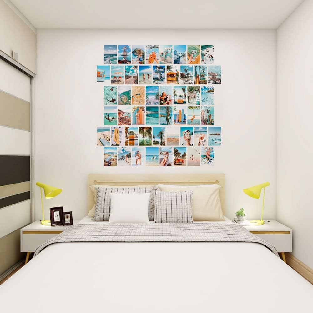 VibeCore Beach Bum Wall Collage Kit displayed on a bedroom wall, showcasing 70 vibrant beachy prints and ocean-inspired photography. Ideal for creating a serene, coastal-inspired retreat in your personal space.