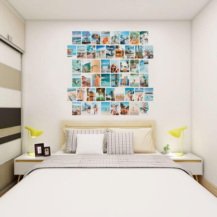VibeCore Beach Bum Wall Collage Kit displayed on a bedroom wall, showcasing 70 vibrant beachy prints and ocean-inspired photography. Ideal for creating a serene, coastal-inspired retreat in your personal space.