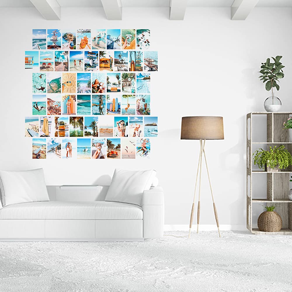 VibeCore Beach Bum Wall Collage Kit displayed on a living room wall, featuring 70 vibrant beachy prints and ocean-inspired photography. Perfect for adding a relaxed, coastal vibe to your home decor.