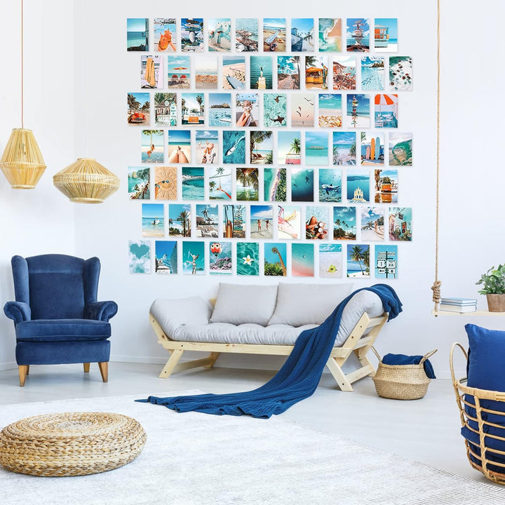VibeCore Beach Bum Wall Collage Kit displayed on a wall, featuring 70 vibrant beachy prints and ocean-inspired photography. Perfect for bringing a relaxed, coastal vibe to any room or living space.