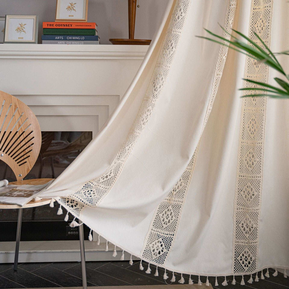 VibeCore Beige Crochet Curtain, featuring a delicate blend of beige crochet lace and milky white stitching, semi-blackout for light filtering and privacy, crafted from durable polyester cotton, perfect for adding a cozy bohemian touch to your space.