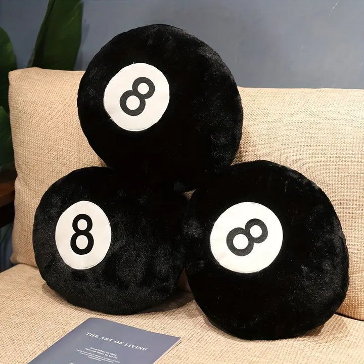 VibeCore Billiard Ball Throw Pillows featuring bold magic 8 ball design, displayed on a couch. Soft, plush fabric pillows adding a playful, trendy vibe to any room, perfect for game rooms, bedrooms, or dorms.