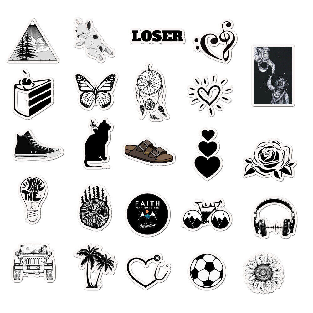 VibeCore Black and White Stickers set featuring 24 stylish monochrome designs, including graphic patterns, quotes, and iconic shapes for a modern, minimalist touch.