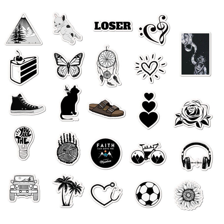 VibeCore Black and White Stickers set featuring 24 stylish monochrome designs, including graphic patterns, quotes, and iconic shapes for a modern, minimalist touch.