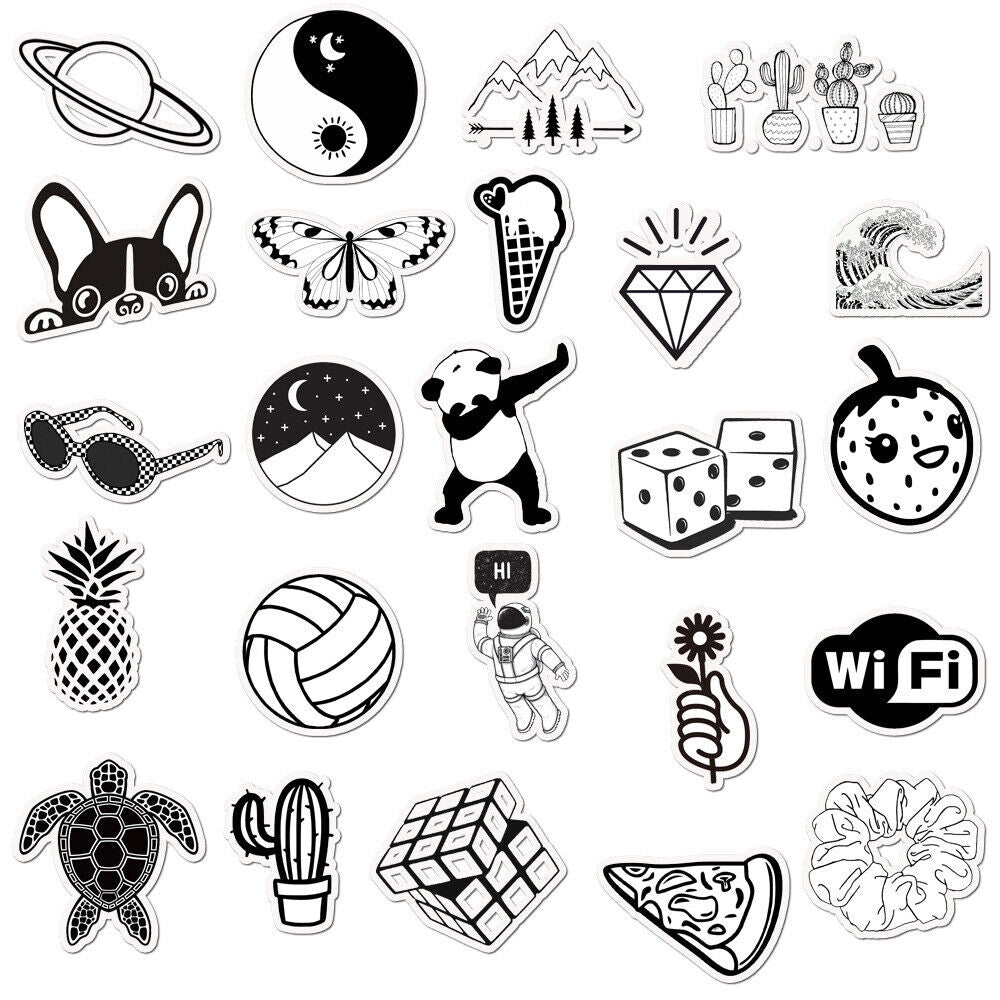 VibeCore Black and White Stickers set featuring another 24 minimalist designs, including bold patterns, quotes, and sleek shapes for a chic, timeless monochrome aesthetic.