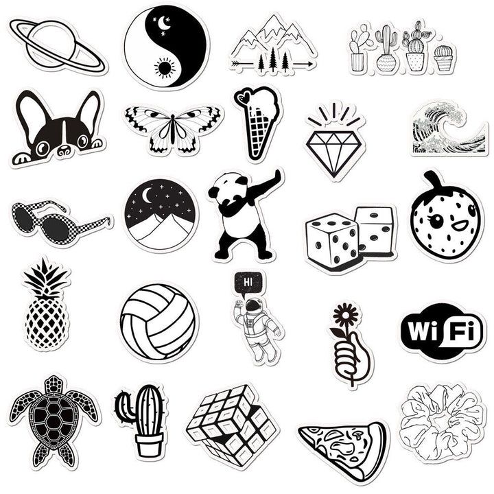 VibeCore Black and White Stickers set featuring another 24 minimalist designs, including bold patterns, quotes, and sleek shapes for a chic, timeless monochrome aesthetic.