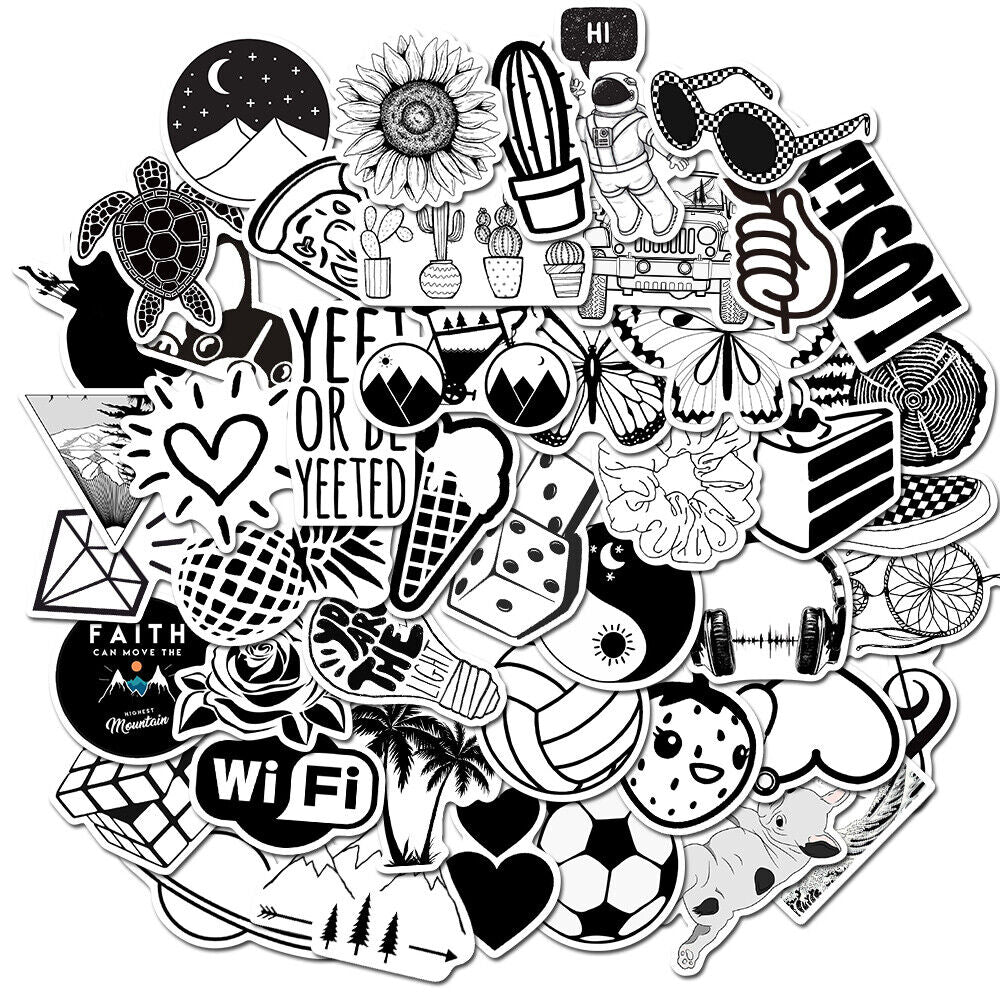 Circular cluster of VibeCore Black and White Stickers featuring bold graphic patterns, inspirational quotes, and iconic shapes, adding a sleek, minimalist touch to your accessories.
