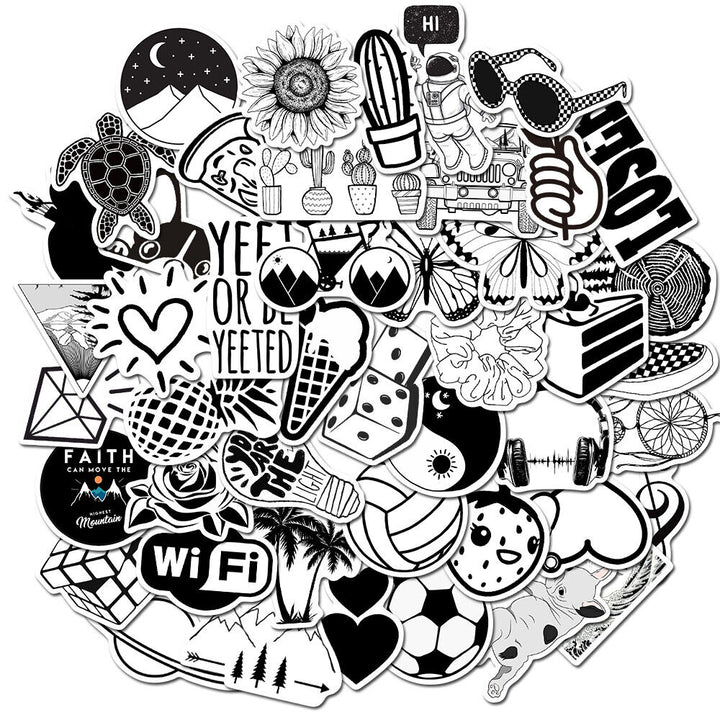 Circular cluster of VibeCore Black and White Stickers featuring bold graphic patterns, inspirational quotes, and iconic shapes, adding a sleek, minimalist touch to your accessories.