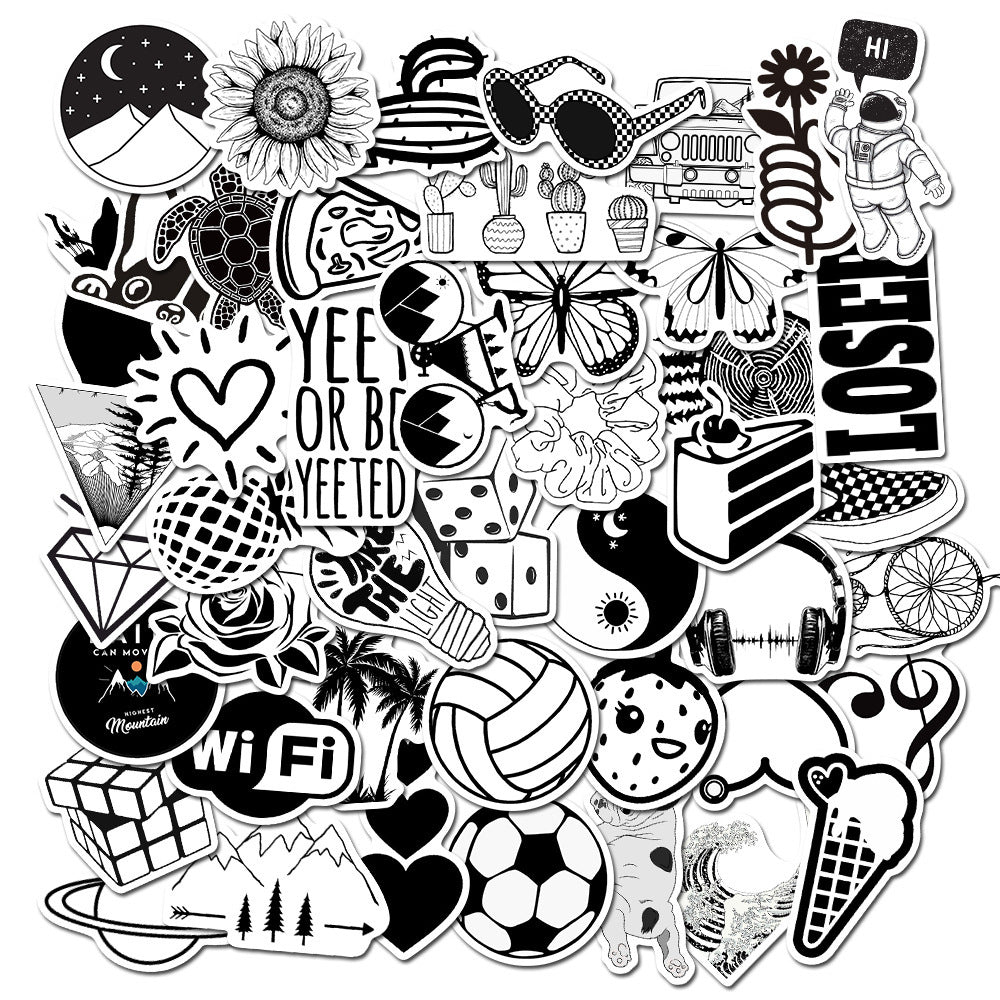 Rectangular cluster of VibeCore Black and White Stickers showcasing minimalist designs with graphic patterns, quotes, and iconic shapes, perfect for adding a modern, chic touch to your gear.